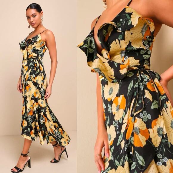 Lulus Dresses & Skirts - NWT Lulu's Perfectly Curated Black Floral Print Ruffled High-LowWrap Dress XL